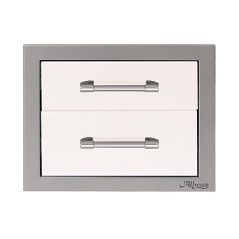 Alfresco Grills 17 Inch Stainless Steel Double Access Drawer with Soft Close Hardware   Signal White Matte