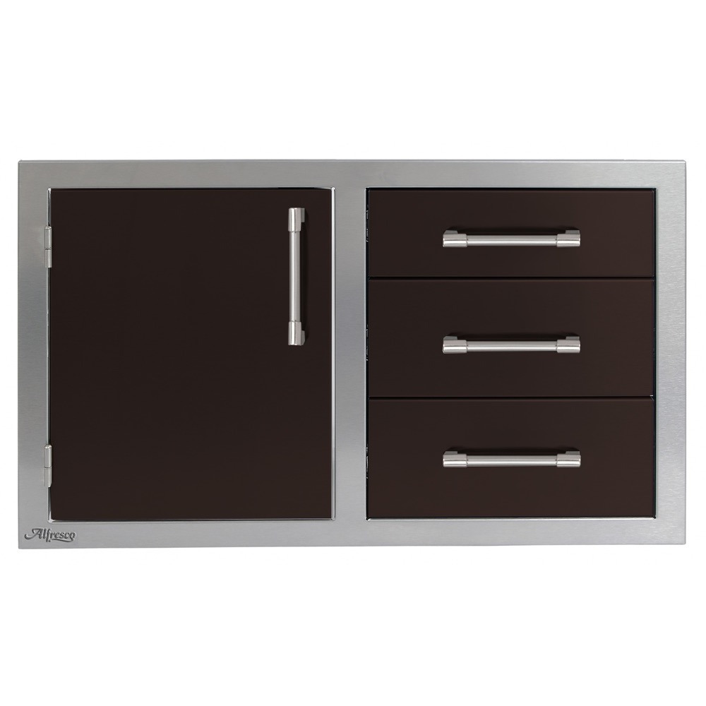 Alfresco Grills 32 Inch Stainless Steel Left Hinged Access Door  and  Triple Drawer Combo with Soft Close Hardware   Jet Black Matte