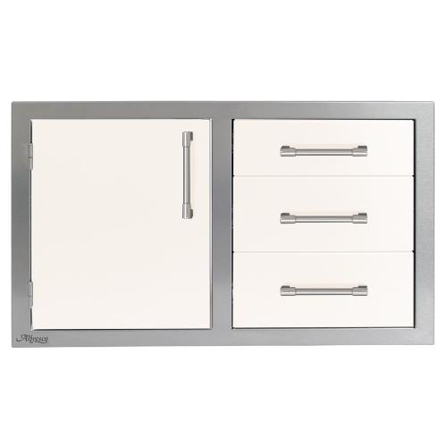 Alfresco Grills 32 Inch Stainless Steel Left Hinged Access Door  and  Triple Drawer Combo with Soft Close Hardware   Signal White Gloss