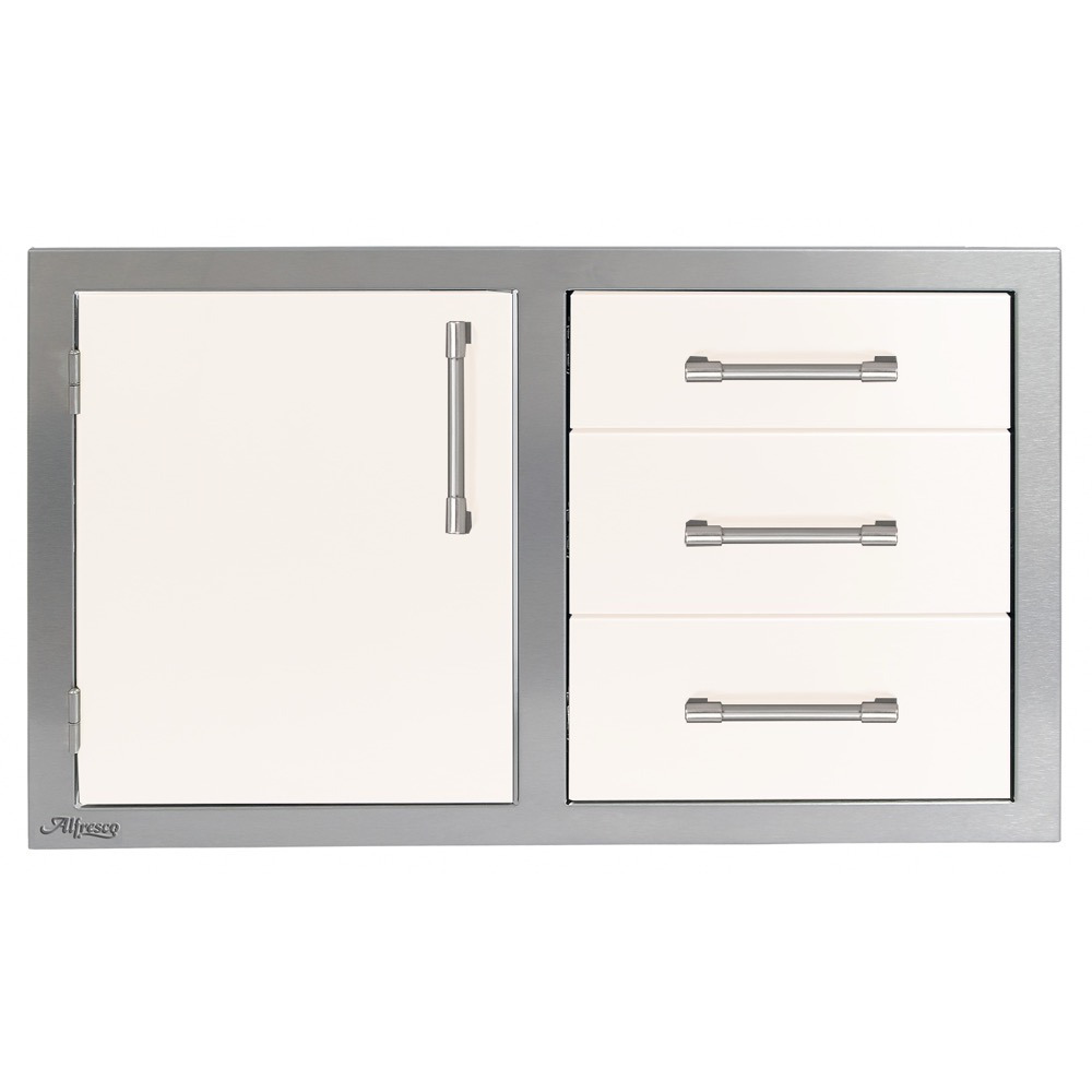 Alfresco Grills 32 Inch Stainless Steel Left Hinged Access Door  and  Triple Drawer Combo with Soft Close Hardware   Signal White Gloss