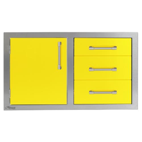 Alfresco Grills 32 Inch Stainless Steel Left Hinged Access Door  and  Triple Drawer Combo with Soft Close Hardware   Traffic Yellow