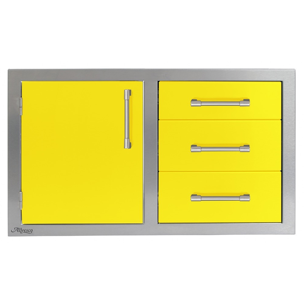 Alfresco Grills 32 Inch Stainless Steel Left Hinged Access Door  and  Triple Drawer Combo with Soft Close Hardware   Traffic Yellow