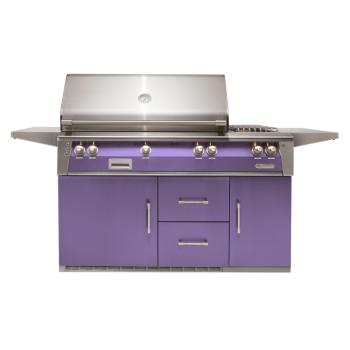 Alfresco Grills ALXE 56 Inch 3 Burner Freestanding Gas Grill with Rear Infrared Burner and Side Burner on Refrigerated Cart Blue Lilac350