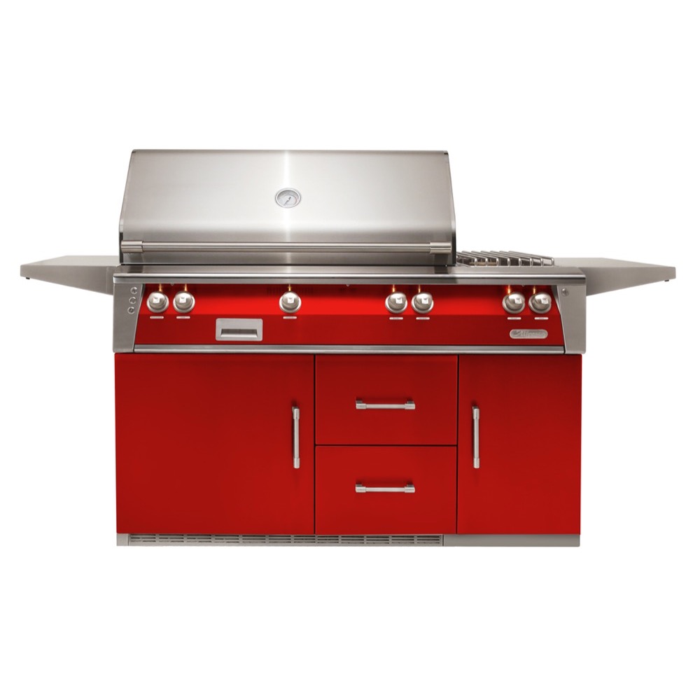 Alfresco Grills ALXE 56 Inch 3 Burner Freestanding Natural Gas Grill with Rear Infrared Burner and Side Burner on Refrigerated Cart   Carmine Red