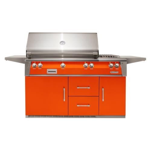Alfresco Grills ALXE 56 Inch 3 Burner Freestanding Natural Gas Grill with Sear Zone Rear Infrared Burner and Side Burner on Refrigerated Cart    Luminous Orange