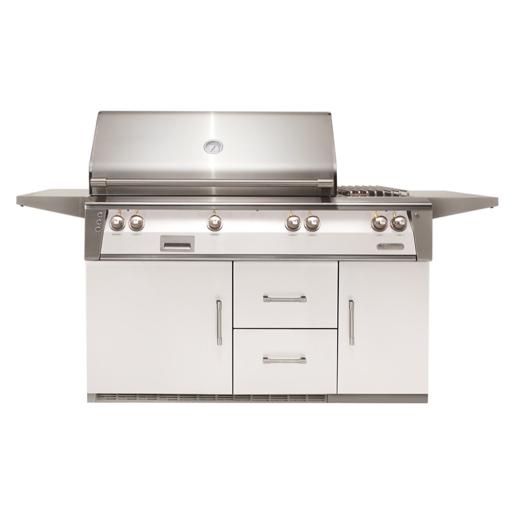 Alfresco Grills ALXE 56 Inch 3 Burner Freestanding Natural Gas Grill with Rear Infrared Burner and Side Burner on Refrigerated Cart   Signal White Gloss