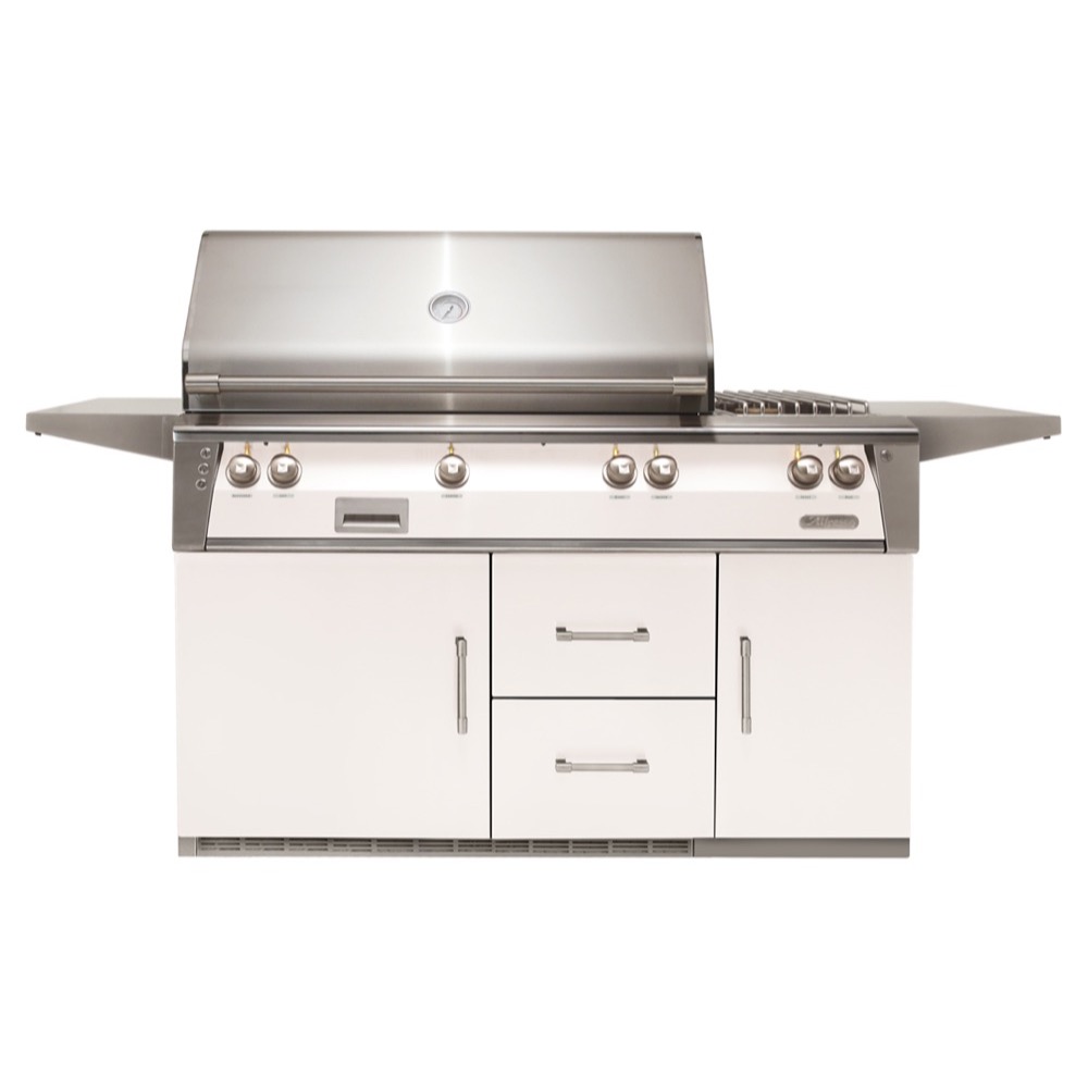 Alfresco Grills ALXE 56 Inch 3 Burner Freestanding Natural Gas Grill with Sear Zone Rear Infrared Burner and Side Burner on Refrigerated Cart    Signal White Matte