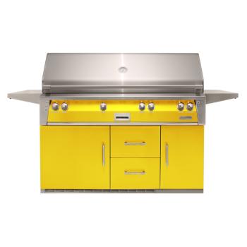 Alfresco Grills ALXE 56 Inch 4 Burner Freestanding Gas Grill with Sear Zone and Rear Infrared Burner on Refrigerated Cart Traffic Yellow350