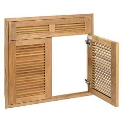 Pacific Teak Millworks Louvered Style 30 Inch Teak Wood Double Access Door with False Front Drawer AD2F 30L open250