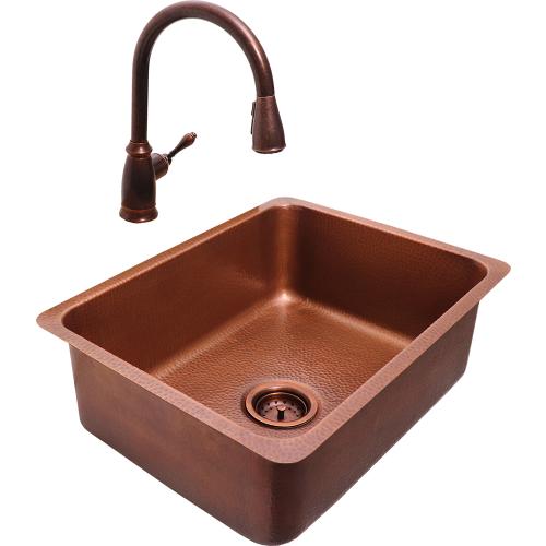 RCS 23 Inch x 18 Inch Outdoor Rated Copper Single Bowl Undermount Sink with Pull Down Hot and Cold Water Faucet