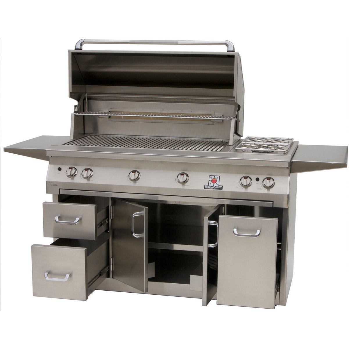 Solaire 56 Inch Freestanding All Infrared Propane Gas Grill with Rotisserie  and  Double Side Burner on Premium Cart with Two Doors and Drawers