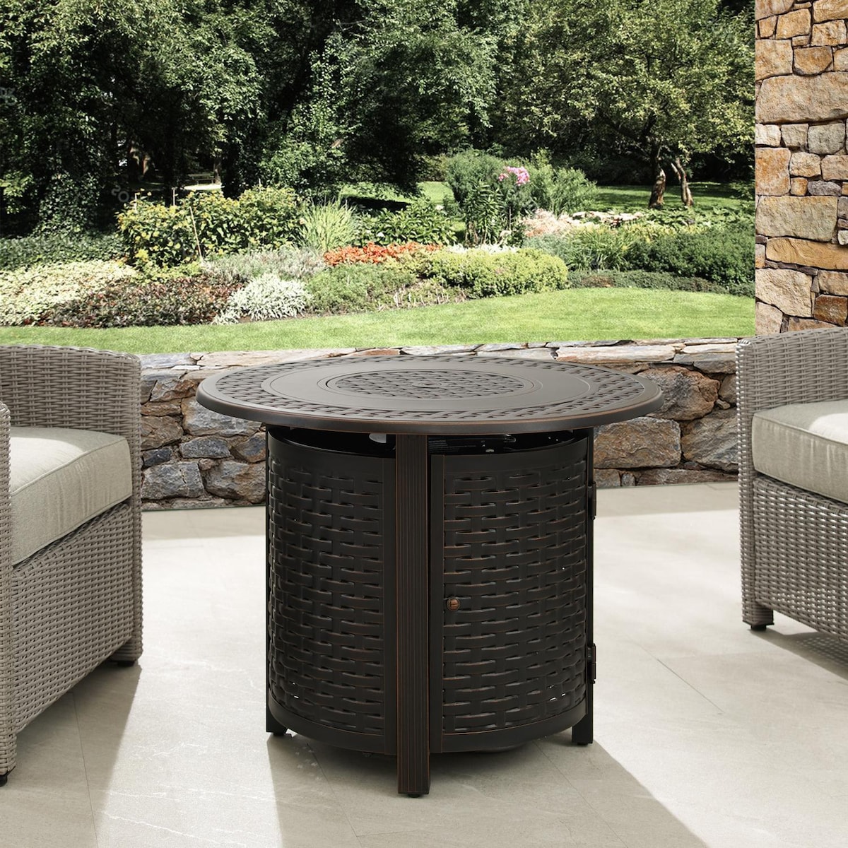 Fire Sense Hendricks 34 Inch 37000 BTU Round Aluminum Propane Gas Fire Pit Table   Antique Bronze