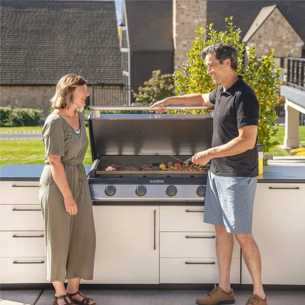 Blackstone 12 Foot L Shaped Outdoor Kitchen Island with 36 Inch Built In Flat Top Propane Gas Griddle