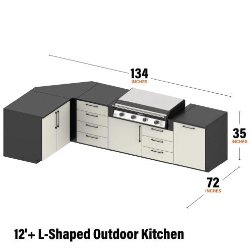 Blackstone 12 Foot L Shaped Outdoor Kitchen Island with 36 Inch Built In Flat Top Propane Gas Griddle
