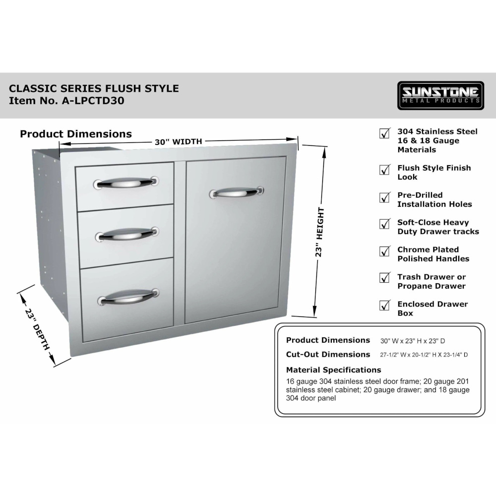 Sunstone Grill Classic Series 30 Inch Stainless Steel Roll Out Propane Tank Drawer  and  Triple Drawer Combo