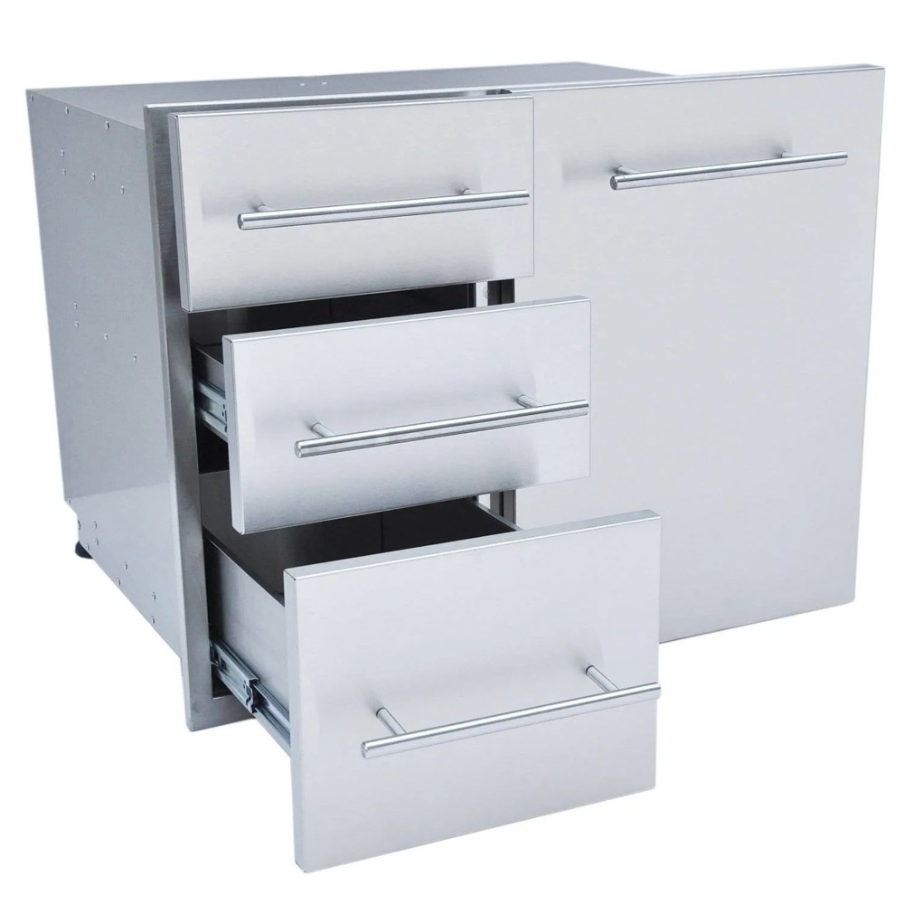 Sunstone Grill Designer Series 30 Inch Stainless Steel Raised Frame Triple Access Drawer  and  Propane Tank Storage Combo