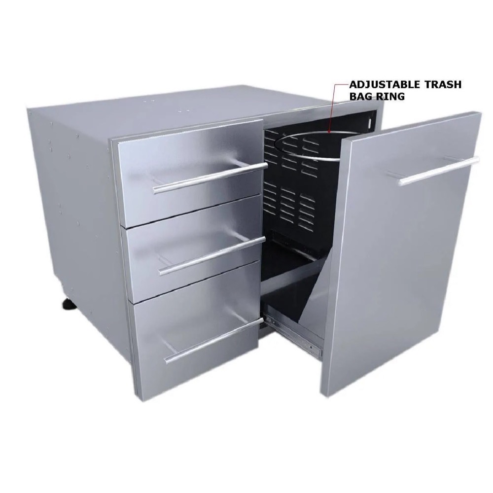 Sunstone Grill Designer Series 30 Inch Stainless Steel Raised Frame Triple Access Drawer  and  Propane Tank Storage Combo