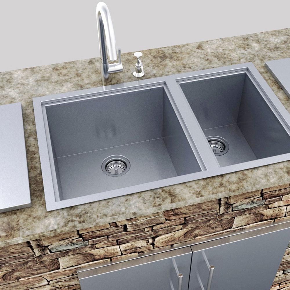 Sunstone 34 Inch x 20 Inch Double Bowl Outdoor Rated Stainless Steel Dual Mount Sink with Lid
