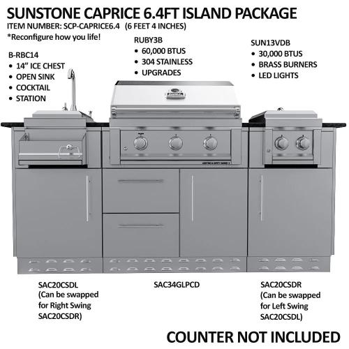 Sunstone Caprice 6 Foot Grill  and  Bar Sink Outdoor BBQ Island Package with Sunstone Grill Ruby Series 30 Inch 3 Burner Built In Gas Grill