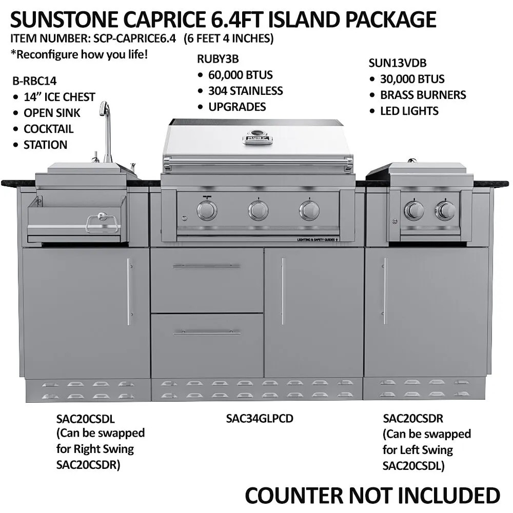Sunstone Caprice 6 Foot Grill  and  Bar Sink Outdoor BBQ Island Package with Sunstone Grill Ruby Series 30 Inch 3 Burner Built In Gas Grill