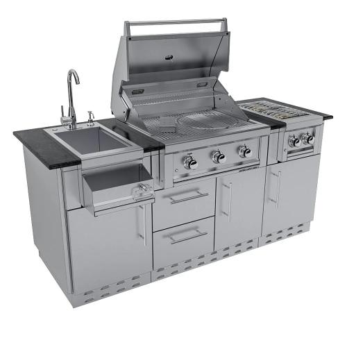 Sunstone Caprice 6 Foot Grill  and  Bar Sink Outdoor BBQ Island Package with Sunstone Grill Ruby Series 30 Inch 3 Burner Built In Gas Grill