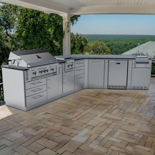Sunstone Grills Savanna 16 Foot Outdoor BBQ Island Package with 60 Degree Angle with Sunstone Grills Ruby Series 42 Inch 5 Burner Built In Gas Grill with Rear Infrared Burner