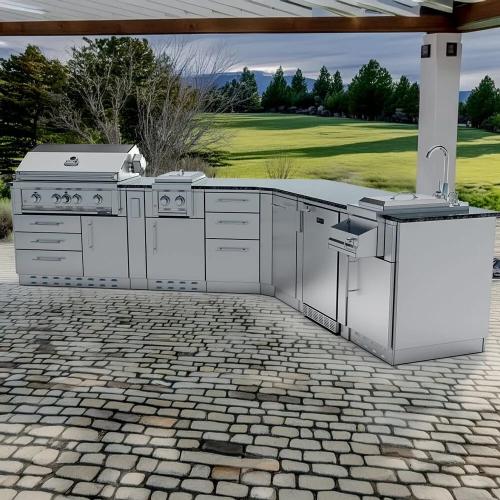 Sunstone Grills Savanna 16 Foot Outdoor BBQ Island Package with 60 Degree Angle with Sunstone Grills Ruby Series 42 Inch 5 Burner Built In Gas Grill with Rear Infrared Burner