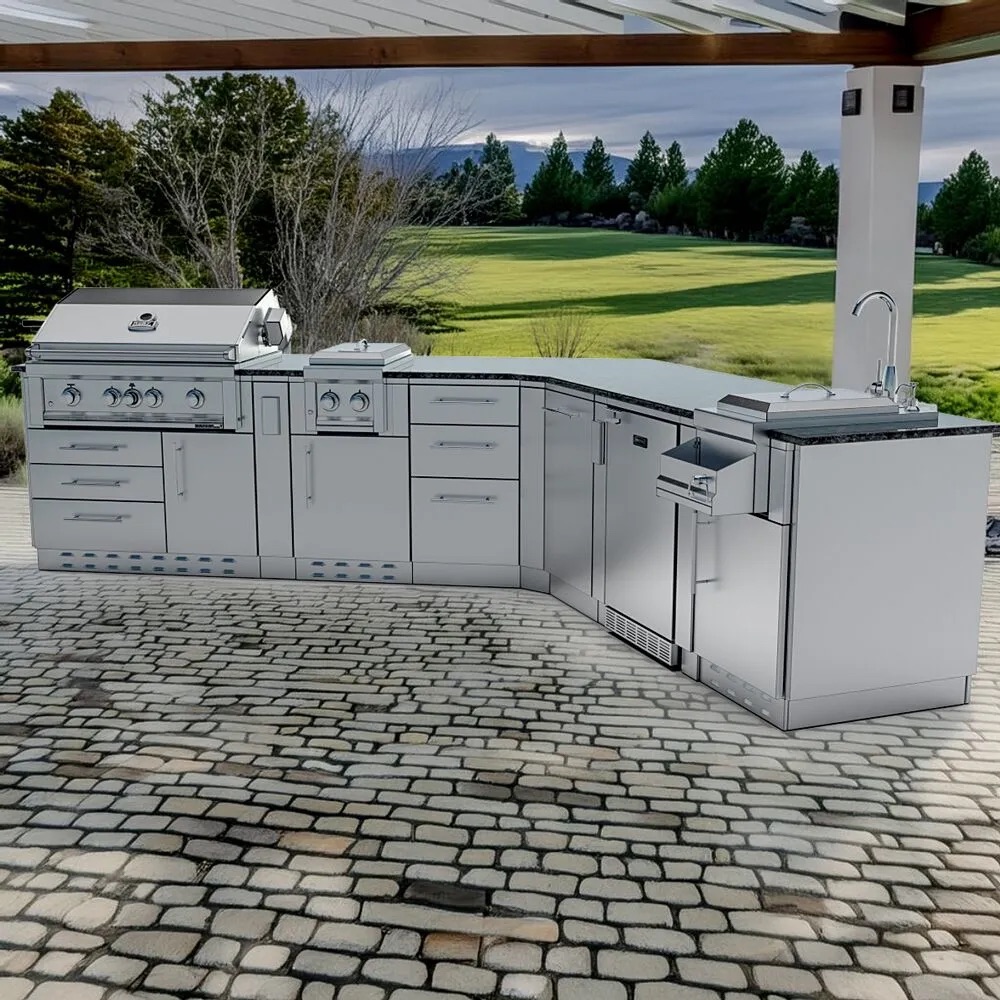 Sunstone Grills Savanna 16 Foot Outdoor BBQ Island Package with 60 Degree Angle with Sunstone Grills Ruby Series 42 Inch 5 Burner Built In Gas Grill with Rear Infrared Burner