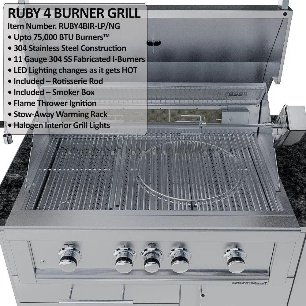 Sunstone Grills Savanna 16 Foot Outdoor BBQ Island Package with 60 Degree Angle with Sunstone Grills Ruby Series 42 Inch 5 Burner Built In Gas Grill with Rear Infrared Burner