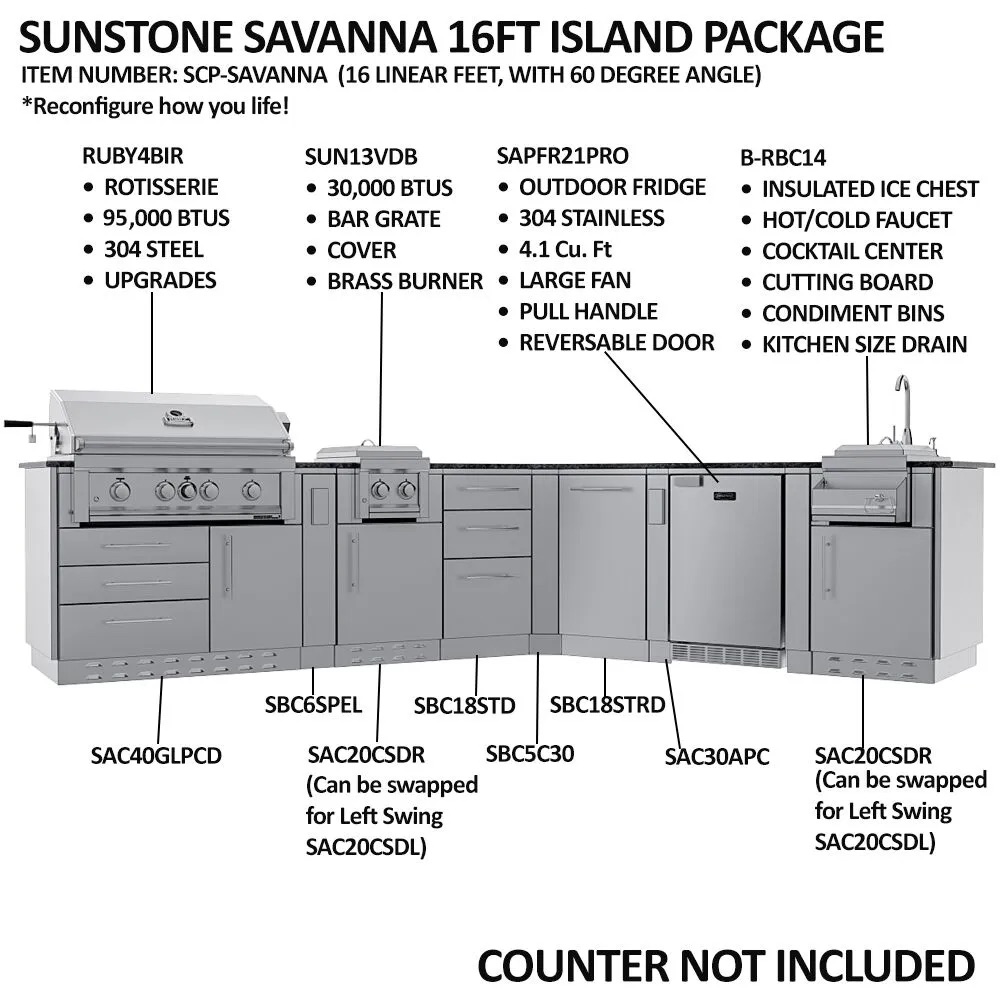 Sunstone Grills Savanna 16 Foot Outdoor BBQ Island Package with 60 Degree Angle with Sunstone Grills Ruby Series 42 Inch 5 Burner Built In Gas Grill with Rear Infrared Burner