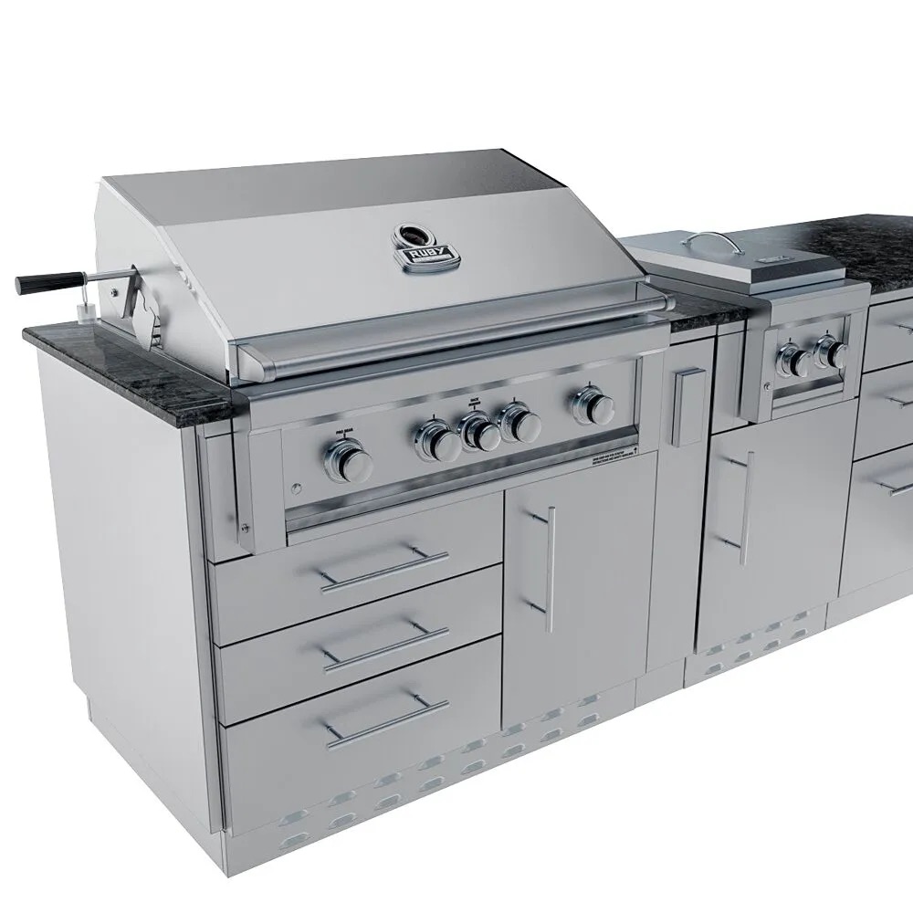 Sunstone Grills Savanna 16 Foot Outdoor BBQ Island Package with 60 Degree Angle with Sunstone Grills Ruby Series 42 Inch 5 Burner Built In Gas Grill with Rear Infrared Burner