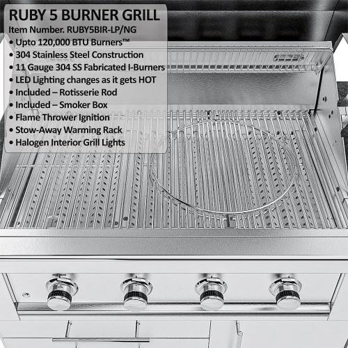 Sunstone Grills Houston 9 Foot Outdoor BBQ Island Package with Sunstone Grills Ruby Series 42 Inch 5 Burner Built In Gas Grill with Rear Infrared Burner