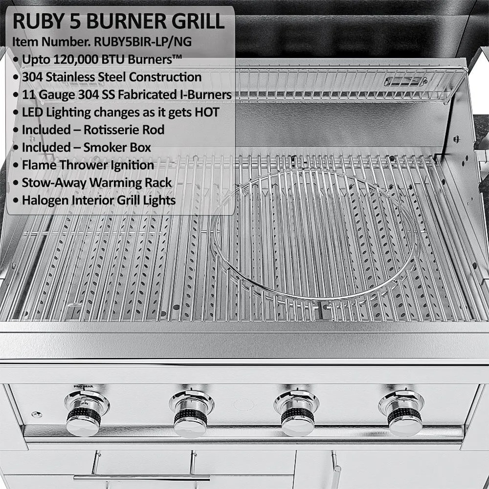 Sunstone Grills Houston 9 Foot Outdoor BBQ Island Package with Sunstone Grills Ruby Series 42 Inch 5 Burner Built In Gas Grill with Rear Infrared Burner