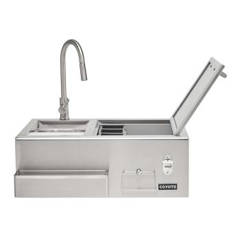 Coyote 30 Inch Stainless Steel Built In Refreshment Center Bar with Ice Chest and Sink open350