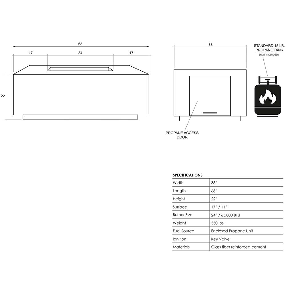 Prism Hardscapes Porto 68 Inch 65000 BTU Natural Gas Rectangular Fire Pit Table   Coastal