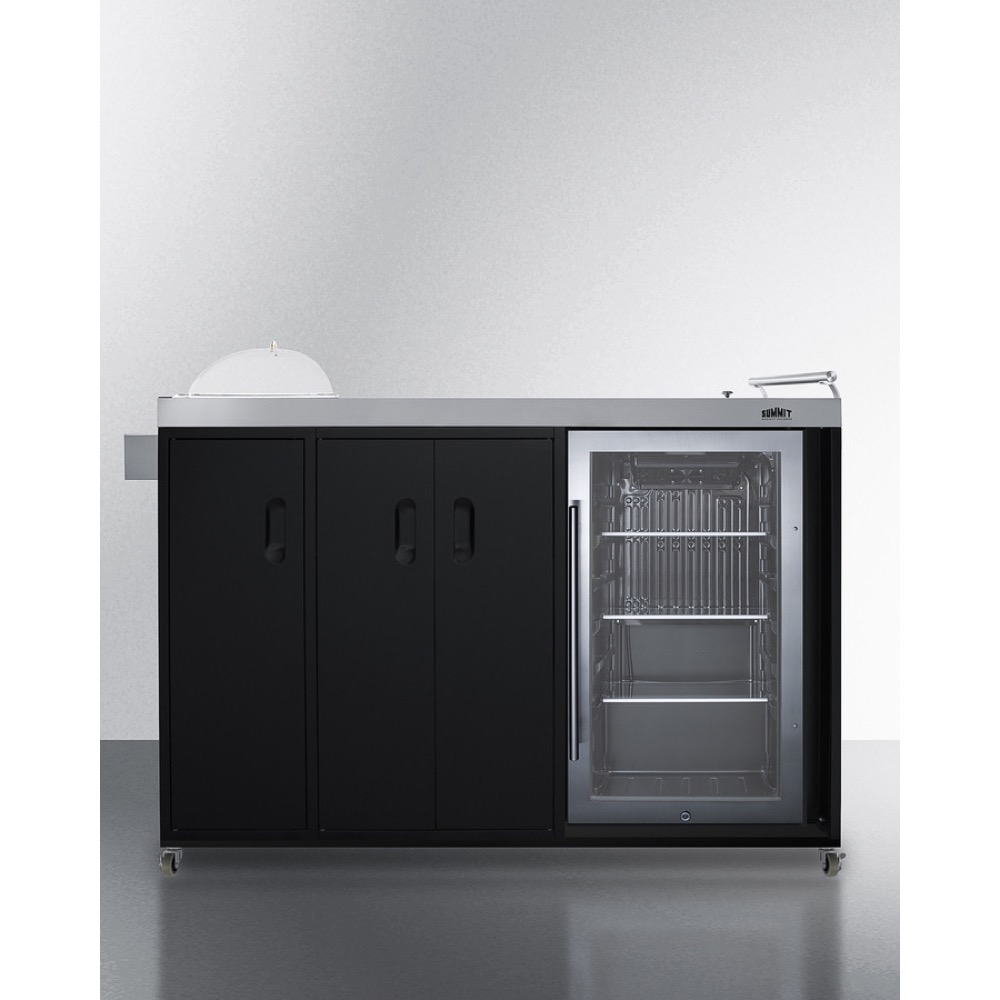 Summit 58 Inch Freestanding Portable Outdoor Kitchenette Bar Center with Left Hinge Glass Door Beverage Refrigerator