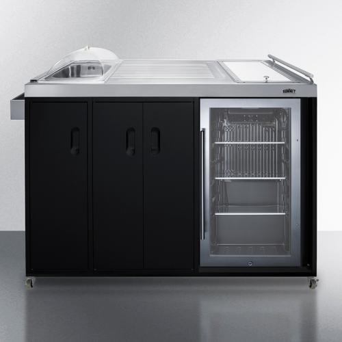 Summit 58 Inch Freestanding Portable Outdoor Kitchenette Bar Center with Left Hinge Glass Door Beverage Refrigerator
