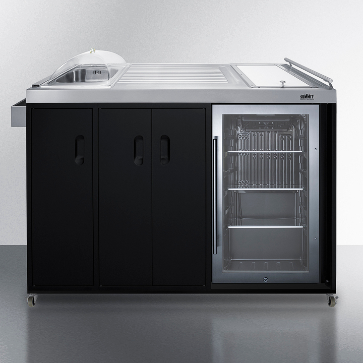 Summit 58 Inch Freestanding Portable Outdoor Kitchenette Bar Center with Left Hinge Glass Door Beverage Refrigerator