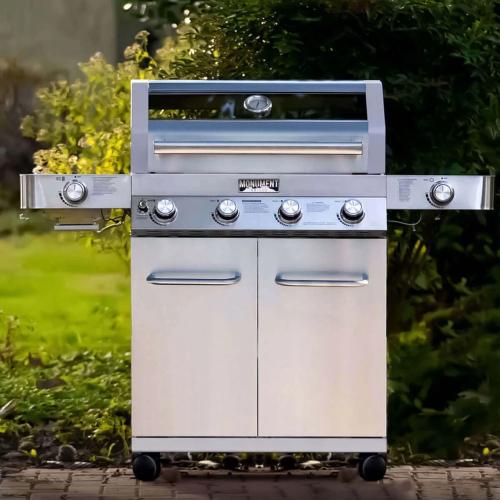 Monument Grills 4 Burner Freestanding Stainless Steel Propane Gas Grill with Clear View Lid Side Burner  and  Infrared Sear Zone