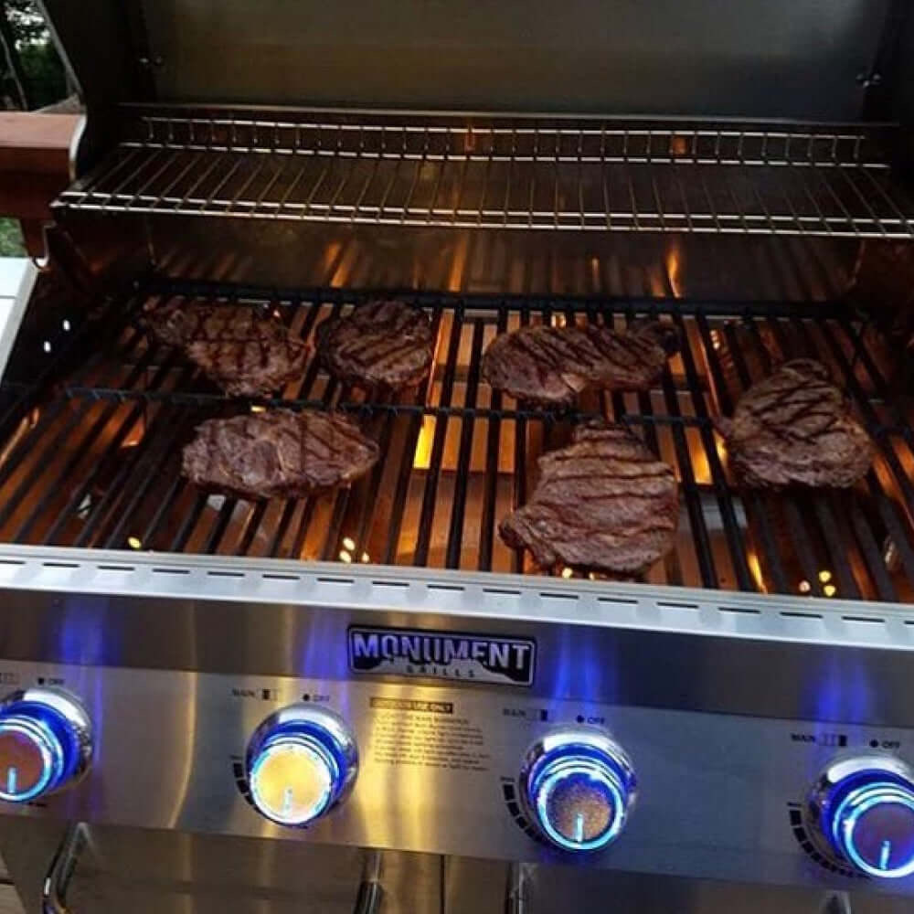 Monument Grills 4 Burner Freestanding Stainless Steel Propane Gas Grill with Clear View Lid Side Burner  and  Infrared Sear Zone