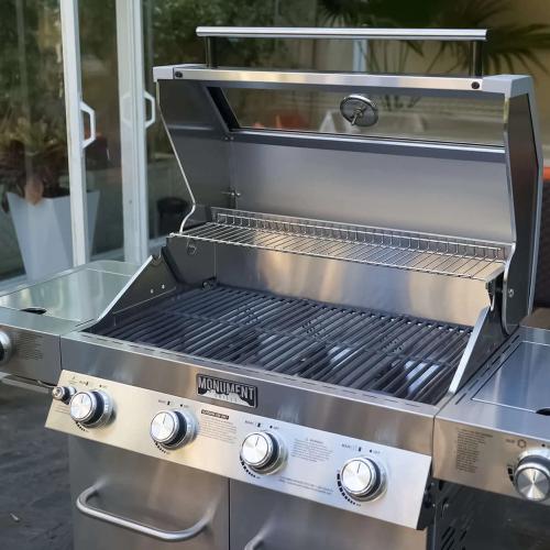 Monument Grills 4 Burner Freestanding Stainless Steel Propane Gas Grill with Clear View Lid Side Burner  and  Infrared Sear Zone