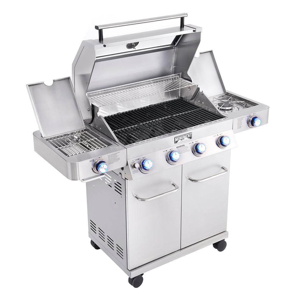 Monument Grills 4 Burner Freestanding Stainless Steel Propane Gas Grill with Clear View Lid Side Burner  and  Infrared Sear Zone