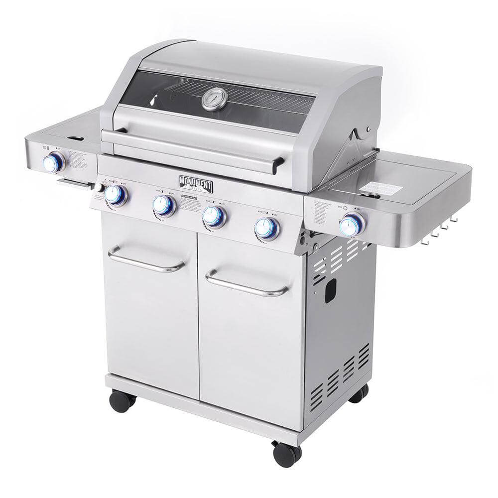 Monument Grills 4 Burner Freestanding Stainless Steel Propane Gas Grill with Clear View Lid Side Burner  and  Infrared Sear Zone