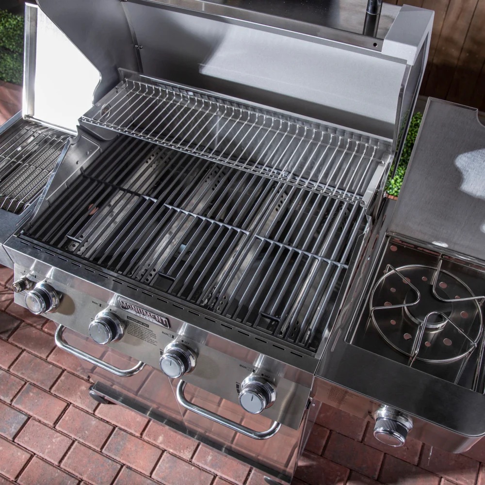 Monument Grills 4 Burner Freestanding Stainless Steel Propane Gas Grill with Clear View Lid Side Burner  and  Infrared Sear Zone