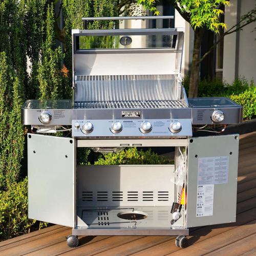 Monument Grills 4 Burner Freestanding Stainless Steel Propane Gas Grill with Clear View Lid Side Burner  and  Infrared Sear Zone
