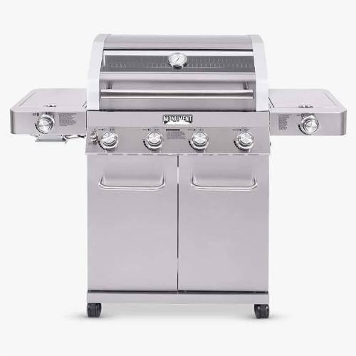 Monument Grills 4 Burner Freestanding Stainless Steel Propane Gas Grill with Clear View Lid Side Burner  and  Infrared Sear Zone