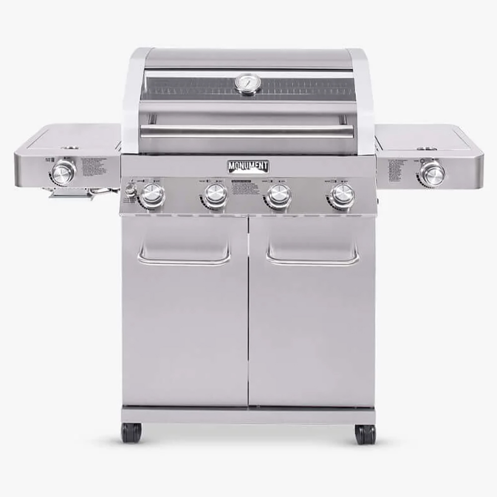 Monument Grills 4 Burner Freestanding Stainless Steel Propane Gas Grill with Clear View Lid Side Burner  and  Infrared Sear Zone