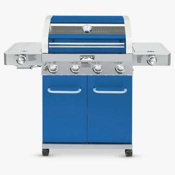 Monument Grills 4 Burner Freestanding Stainless Steel Propane Gas Grill with Clear View Lid Side Burner and Infrared Sear Zone Matte Blue350