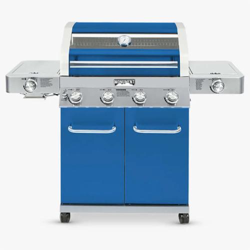Monument Grills 4 Burner Freestanding Stainless Steel Propane Gas Grill with Clear View Lid Side Burner  and  Infrared Sear Zone   Matte Blue