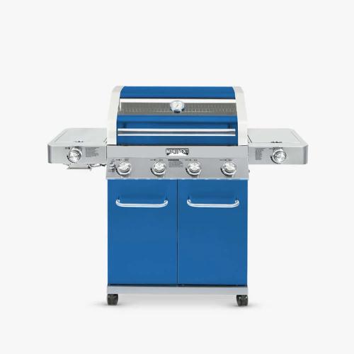Monument Grills 4 Burner Freestanding Stainless Steel Propane Gas Grill with Clear View Lid Side Burner  and  Infrared Sear Zone   Matte Blue